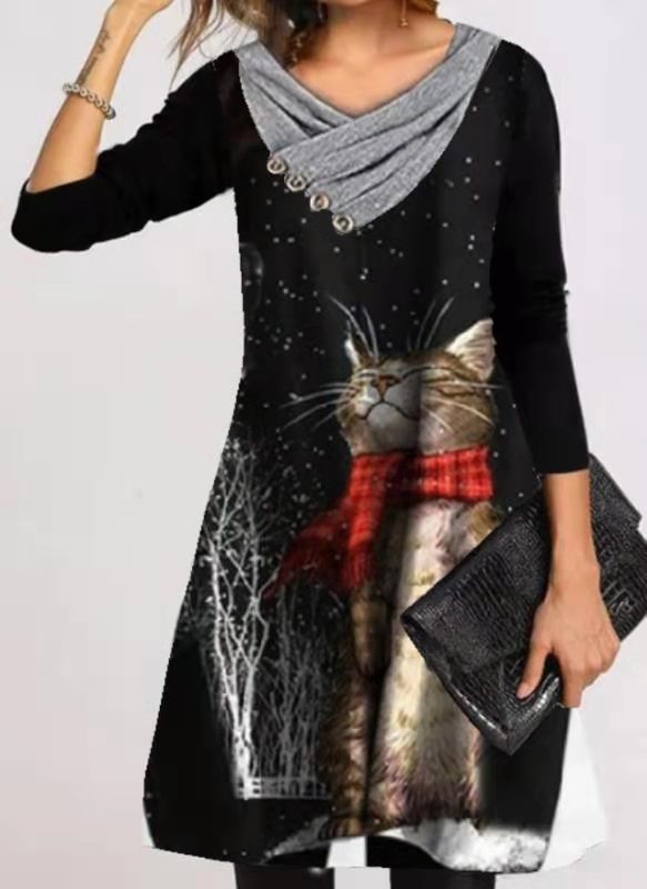Women's Christmas Printed Long Sleeve Pullover Dress